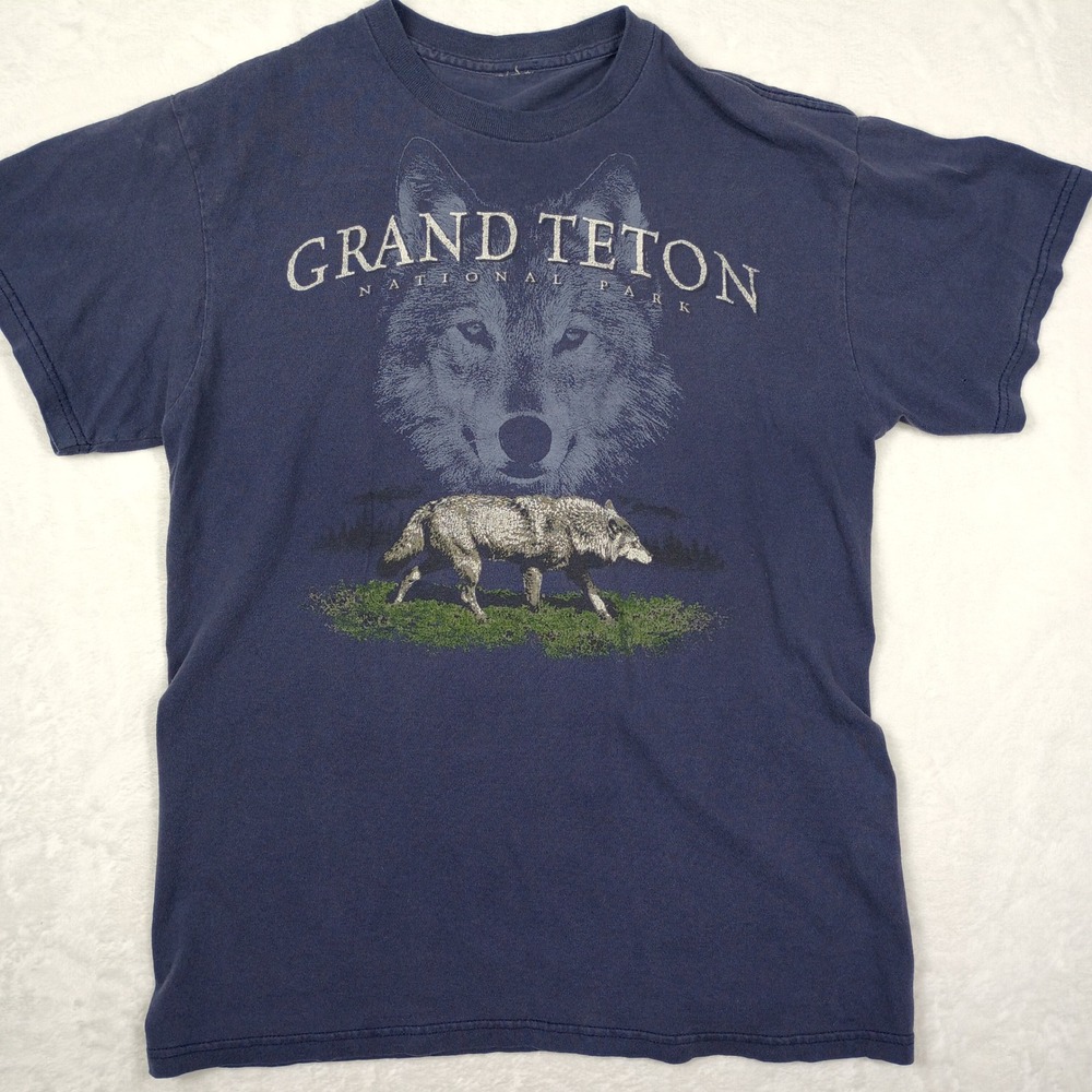 Grand Teton National Park Wolf Graphic T-Shirt Navy Blue Short Sleeve Mens M